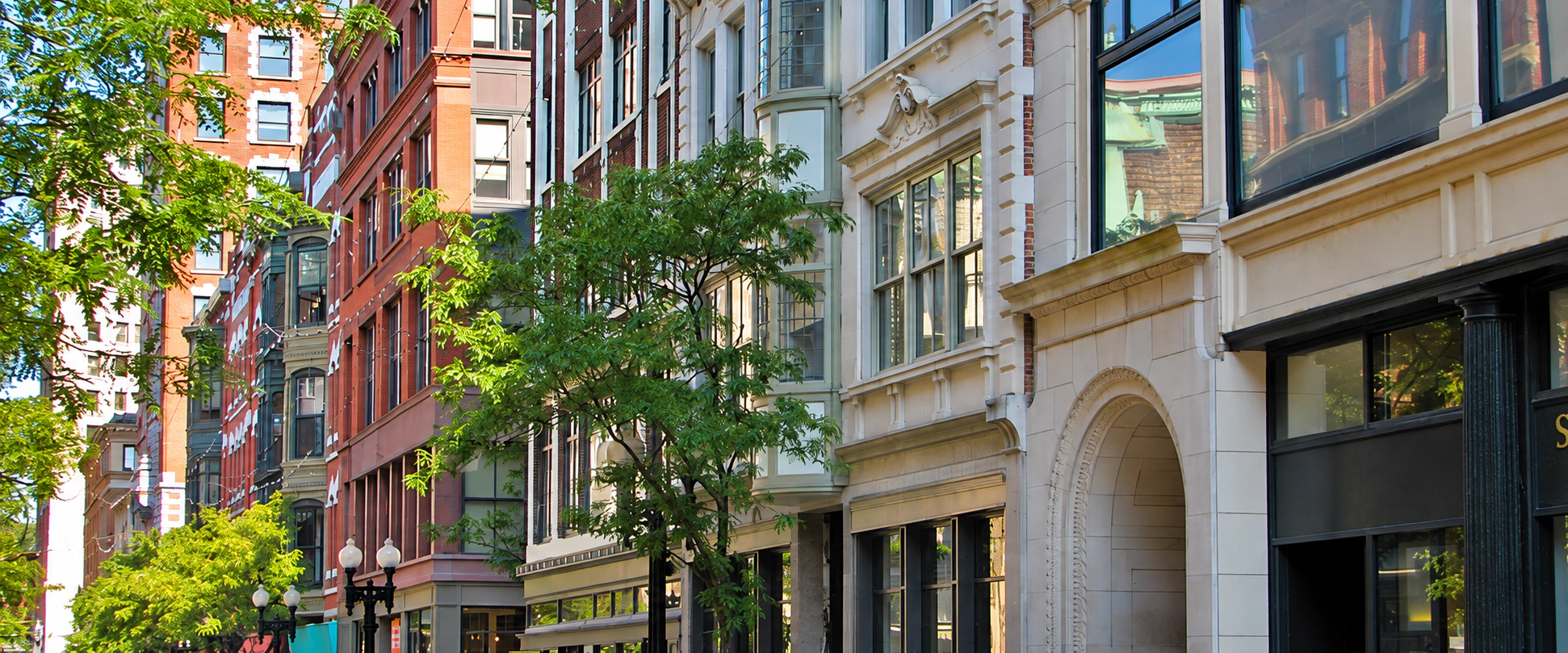 Historic brick and stone commercial buildings on a tree-lined city street